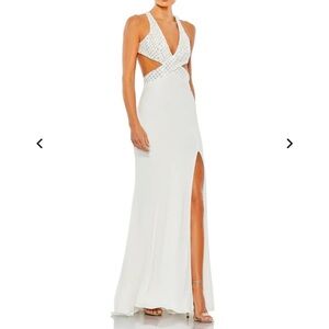 Mac Duggal Elegant White Backless Dress with Sparkling Details